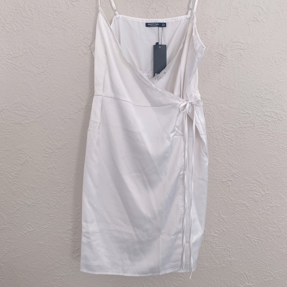 NWT White Nasty Gal Silky Wrap Dress with Lace Trim. US Size 12 - Picture 1 of 1
